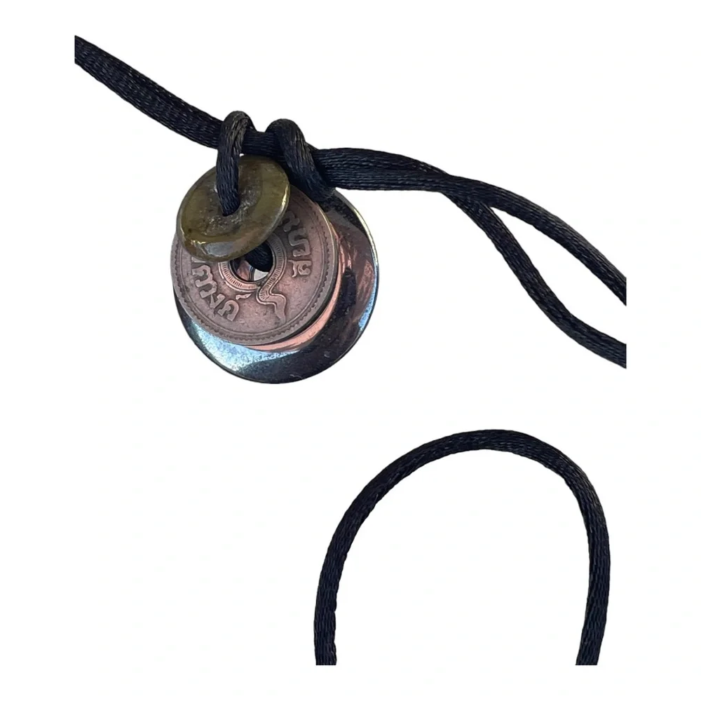 Asian Chinese Coin Donut Medallion Pendant Cord Necklace